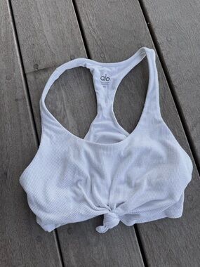 Alo White Ribbed Knot-Front Sports Bra